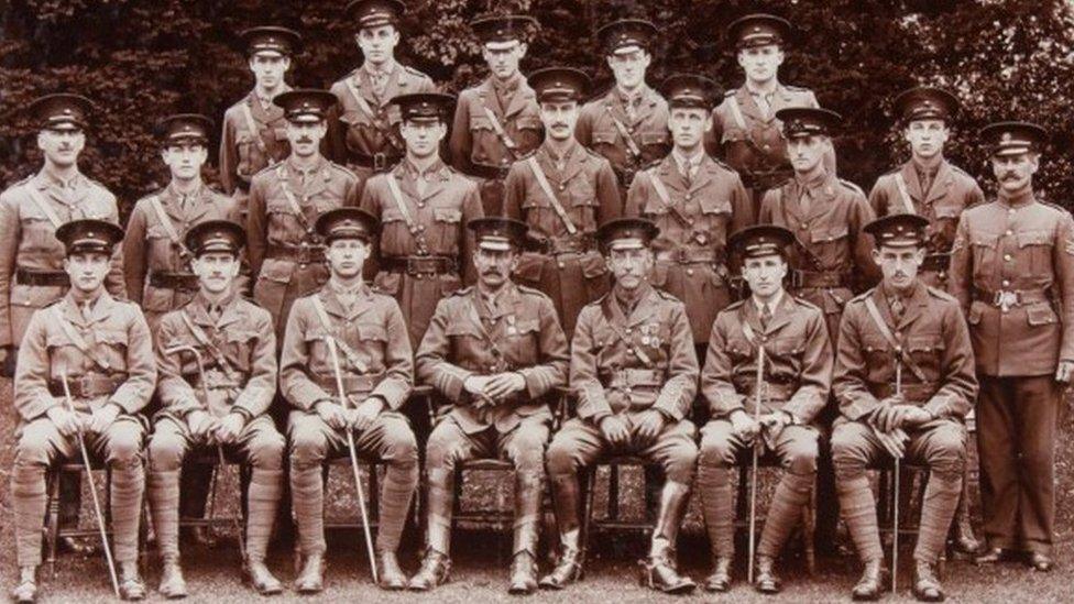 Marlborough College Officer Training Corps, 1916. Harry Fox is far right back row