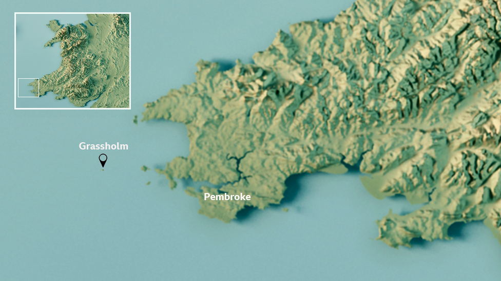 A map showing Grassholm Island's location eight miles off the coast of Pembrokeshire