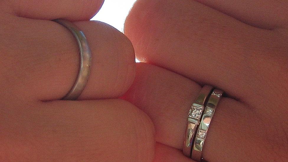 Close up of Craig and Gemma Easterbrook's wedding and engagement rings