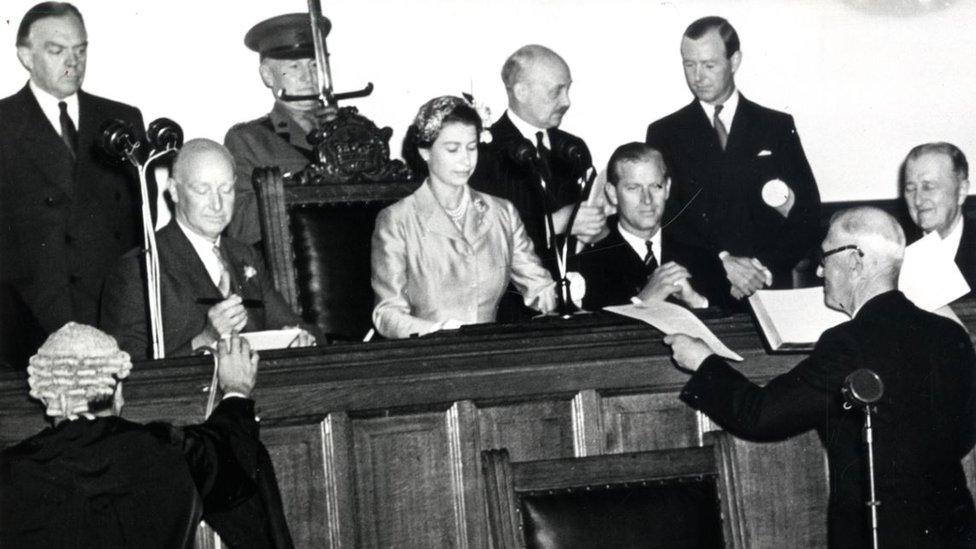 Queen Elizabeth II presiding over a special sitting of Tynwald in 1955