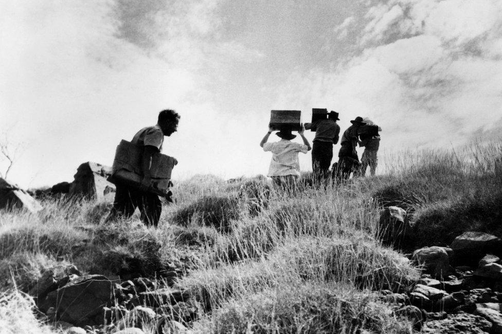 Installation of equipment before the test of the first British nuclear bomb on 3 October 1952 on the Montebello Islands