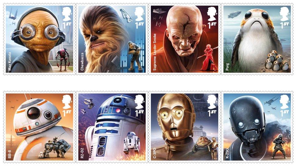 Stamps in the new Star Wars Royal Mail set