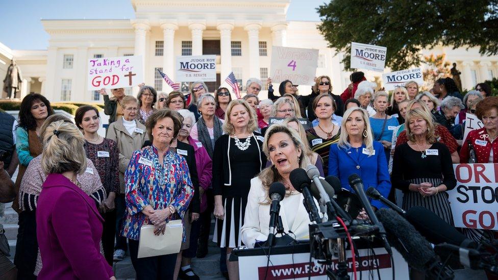 Kayla Moore, wife of Roy Moore, speaks during a rally in support of her husband in front of the Alabama State Capitol