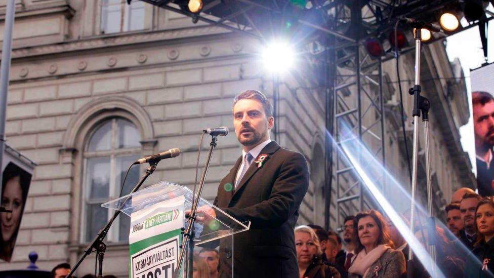 Jobbik leader Gabor Vona addressing supporters at an event commemorating the 1848-49 Hungarian revolution