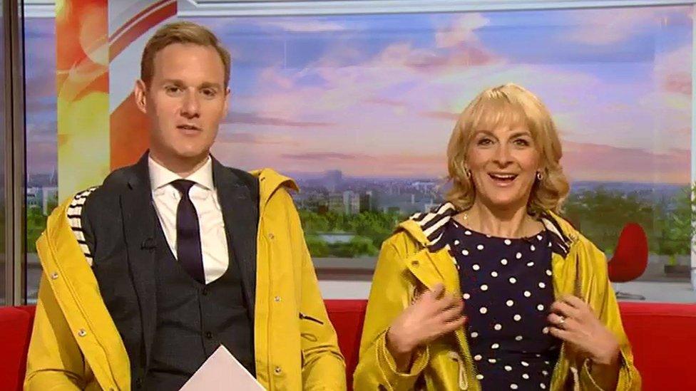 Dan Walker and Louise Minchin wearing yellow 'Keeping Faith' coats