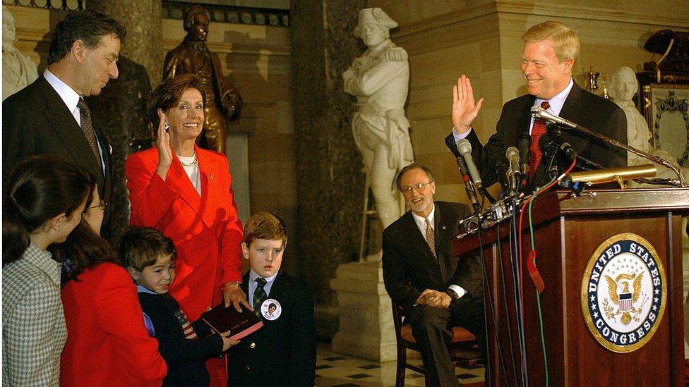 PELOSI SWORN IN AS HOUSE DEMOCRATIC WHIP--Nancy Pelosi, D-Calif., is sworn in as the new House Minority Whip by House Minority Leader Richard A. Gephardt, D-Mo. With her is husband, Paul, daughter Nancy Corrine Prowda and grandsons Alexander Prowda, 5, and Liam Kennealy, 5. In becoming Whip, Pelosi becomes the highest-ranking woman ever in elected office.