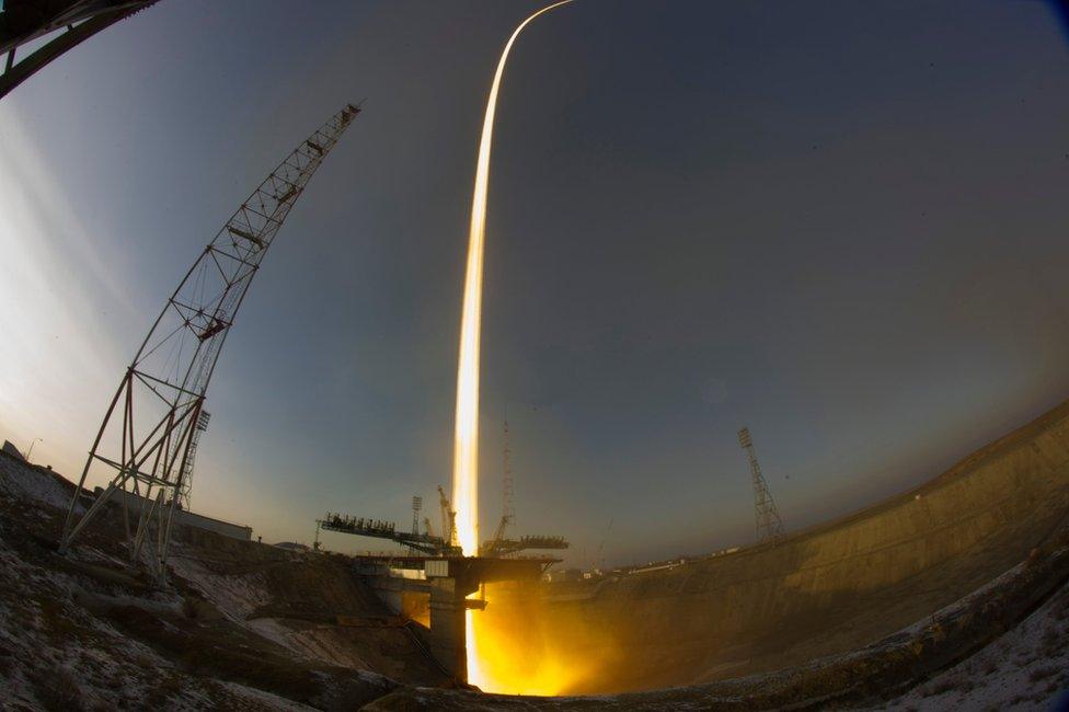 Photo, taken with long time exposure, of Soyuz spacecraft