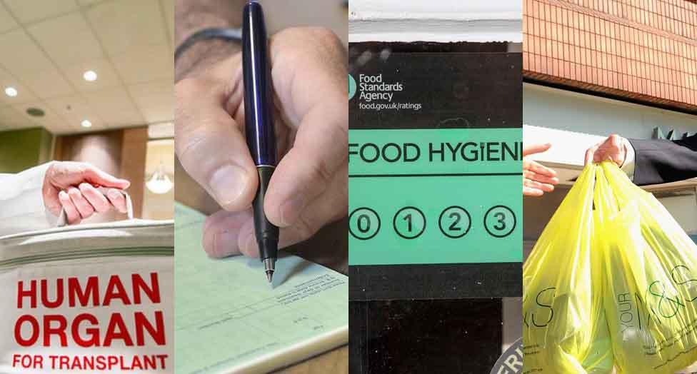 Human organ transplant bag, a doctor writes out a prescription, a food hygiene rating sticker and carrier bags