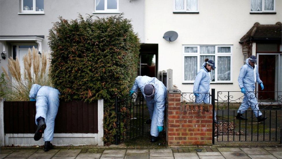 Police forensics officers search the area near to where Jodie Chesney was killed