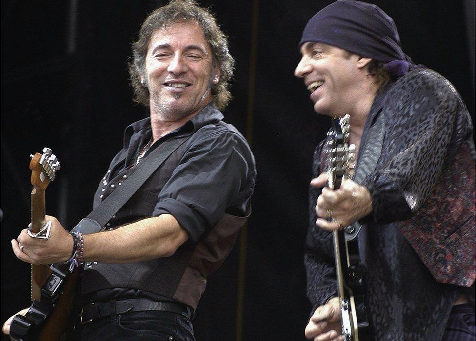 Singer Bruce Springsteen and Steve Van Zandt perform at the RDS Arena in Dublin on May 2003