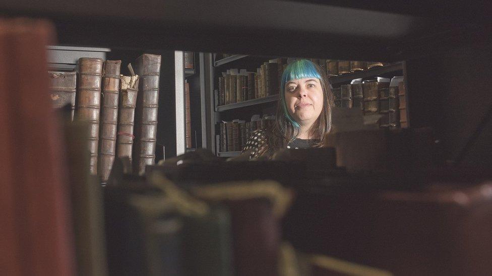 Sarah in the special collection library