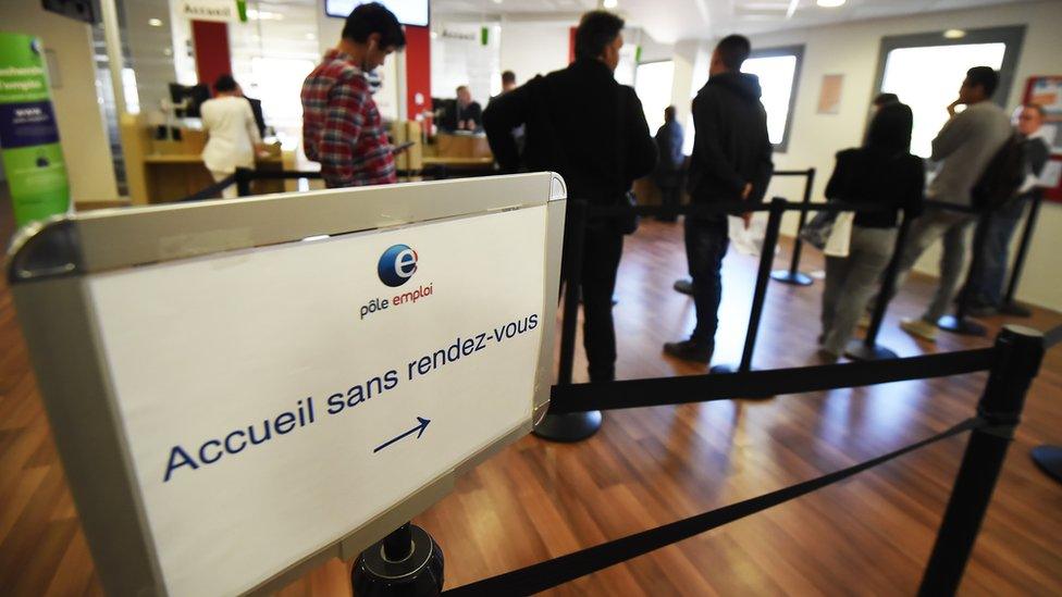 People wait in a branch of France's national employment agency Pole Emploi in Montpellier