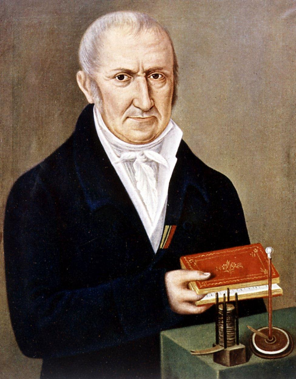 A portrait of Alessandro Volta with his battery, or "voltaic pile"