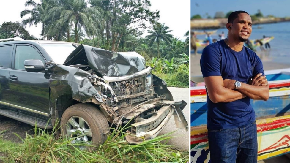 A 4x4 vehicle that was involved in a collision and carrying former footballer Samuel Eto'o