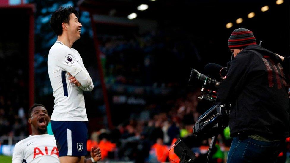 Tottenham Hotspur's South Korean striker Son Heung-Min celebrates in front of TV camera after goal v Bournemouth