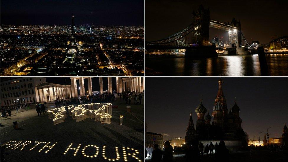 Composite image showing buildings without light for Earth Hour