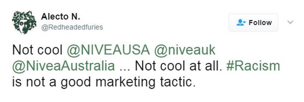 @Redheadedfuries tweets: Not cool @NIVEAUSA @niveauk @NiveaAustralia ... Not cool at all. #Racism is not a good marketing tactic.