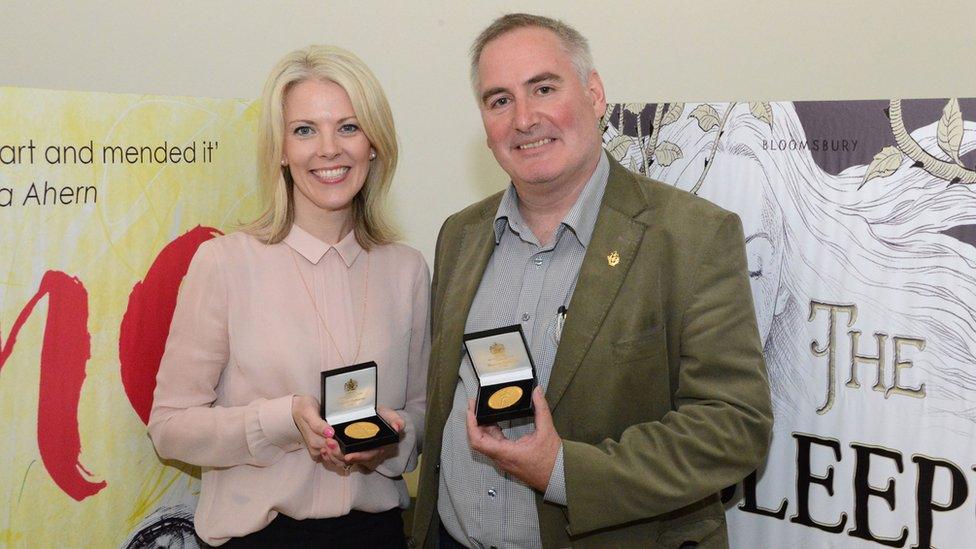 Sarah Crossan and Chris Riddell with their medals