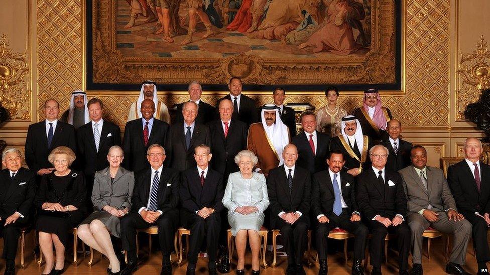 Queen Elizabeth II poses for group photo with her Royal guests (front row L - R) Emperor Akihito of Japan, Queen Beatrix of The Netherlands, Queen Margrethe II of Denmark, King Constantine of Greece, King Michael of Romania, HM , Simeon Borisov of Saxe-Coburg and Gotha, Sultan of Brunei Hassanal Bolkiah, King Carl Gustaf XVI of Sweden, HM the King of Swaziland, and Prince Hans-Adam II of Liechtenstein, (middle row L - R) HSH Prince Albert II of Monaco, Grand Duke Henri of Luxembourg, King Letsie III of Lesotho, King Albert of Belgium, King Harald V of Norway, Emir of the State of Qatar Sheikh Hamad Bin Khalifa Al-Thani, King Abdallah II of Jordan, King of Bahrain Hamad ibn Isa Al Khalifa, The Yang di-Pertuan Agong of Malaysia, (top row, L - R) Nasser Mohamed Al-Jaber Al-Sabah of Kuwait, Crown Prince of Abu Dhabi, HRH the Crown Prince Alexander II of Yugoslavia, King George Tupou V of Tong, Crown Prince Vajiralongkorn of Tahiland, Princess Lalla Meryem of Morocco and HRH Prince Moha