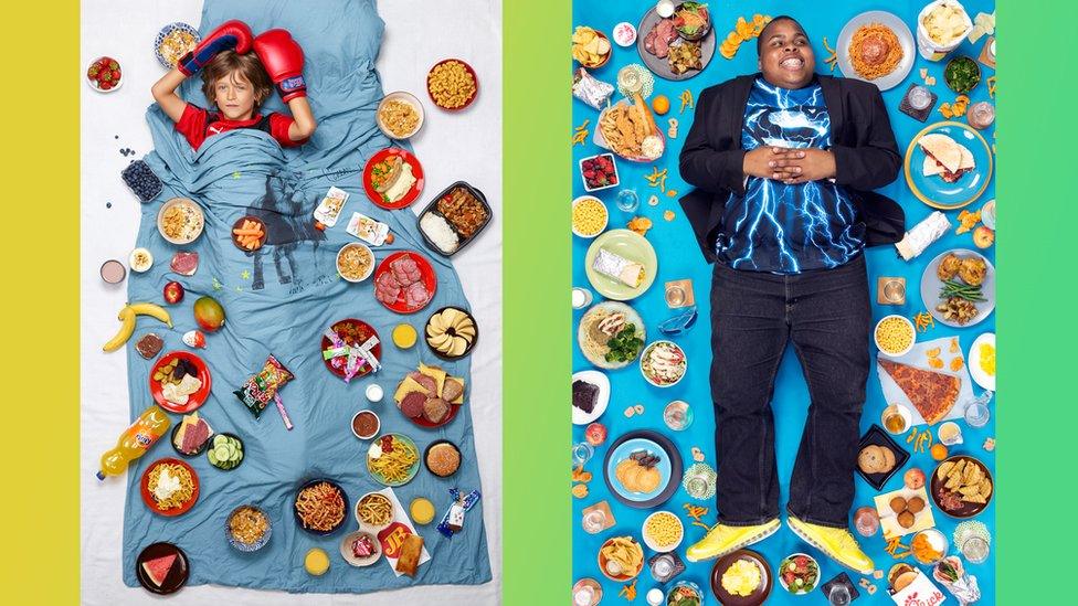 two photos of kids surrounded by food