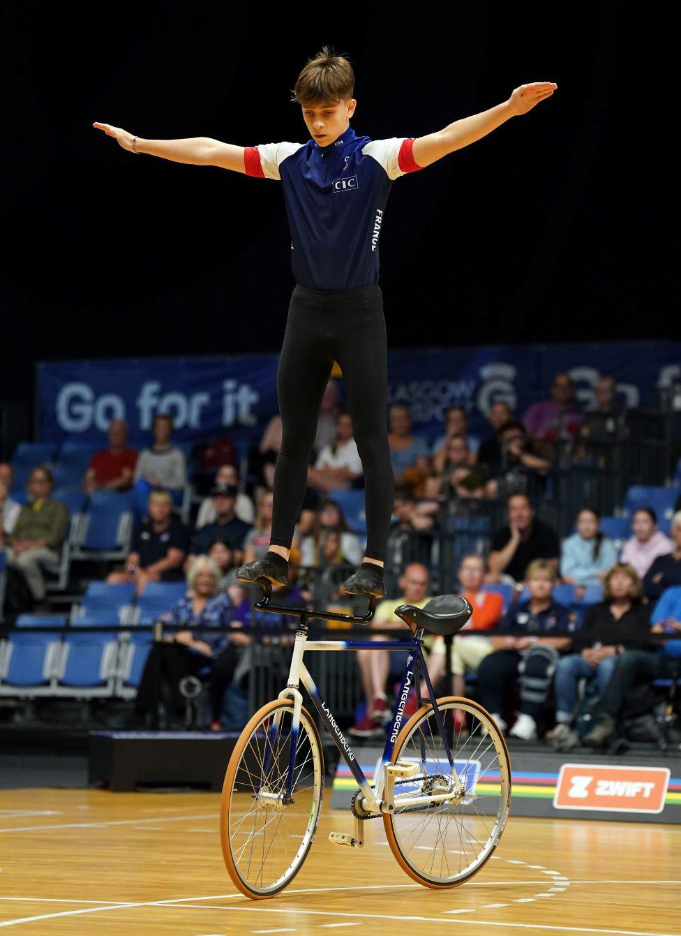 France's Timote Bertin competes in the Men's Elite Single Artistic Cycling