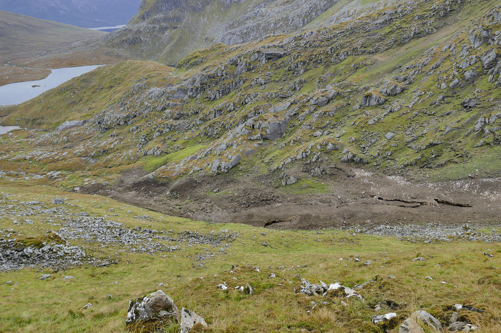 Mud-covered avalanche debris at Sgurr na Lapaich