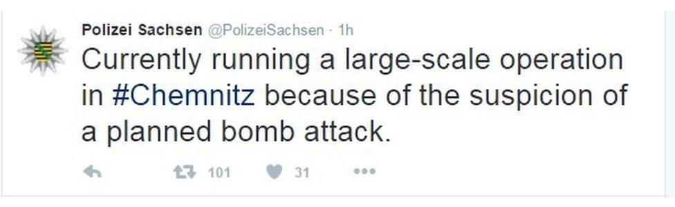 Tweet from Saxony police reads, in English: Currently running a large scale operation in ~Chemnitz because of the suspicion of a planned bomb attack