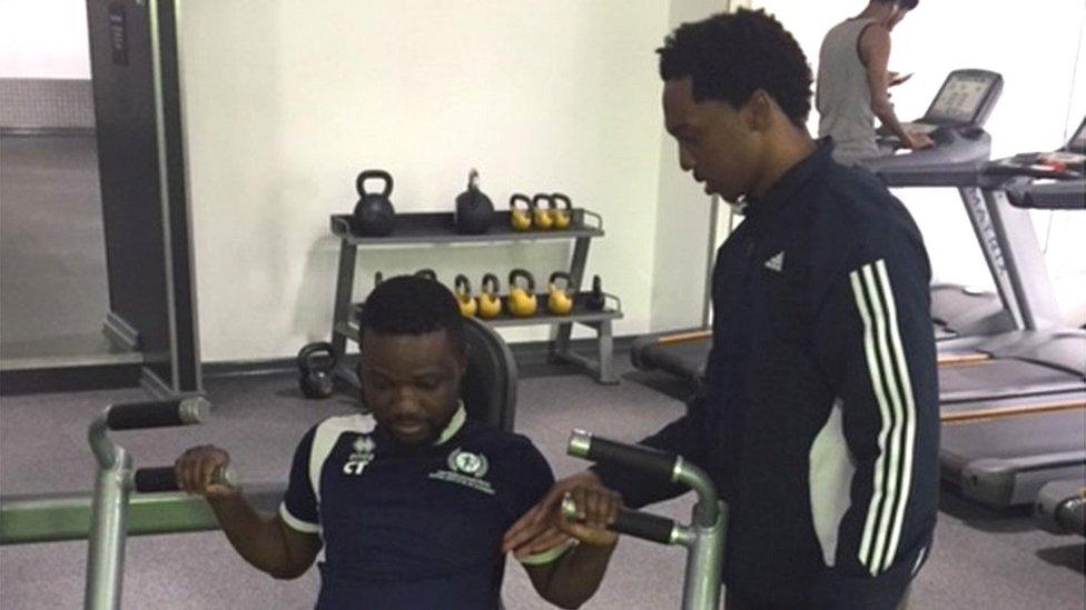 Asylum seekers Saheed and Sam at a gym in Cardiff