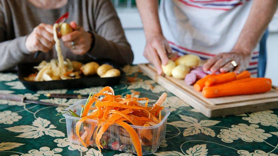 Vegetable peelings on a table