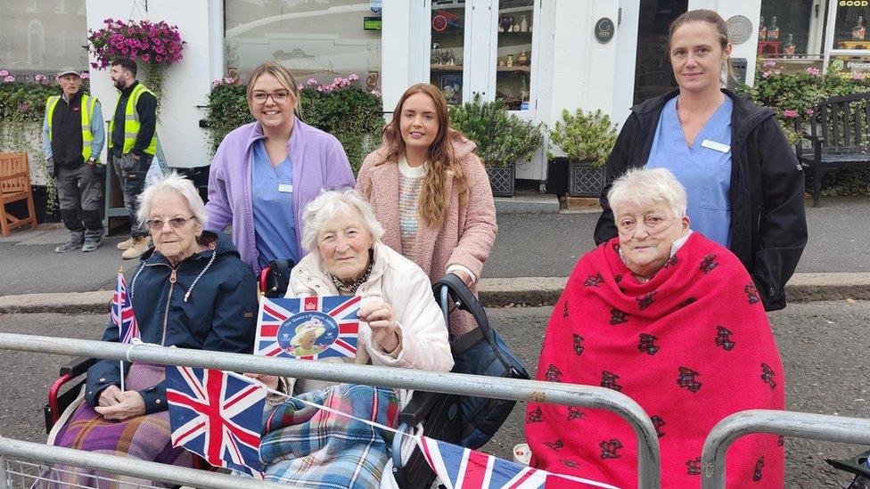 Rita Martin, Gertie Lorimour, Jean Sands and their carers from Mountvale Nursing Home