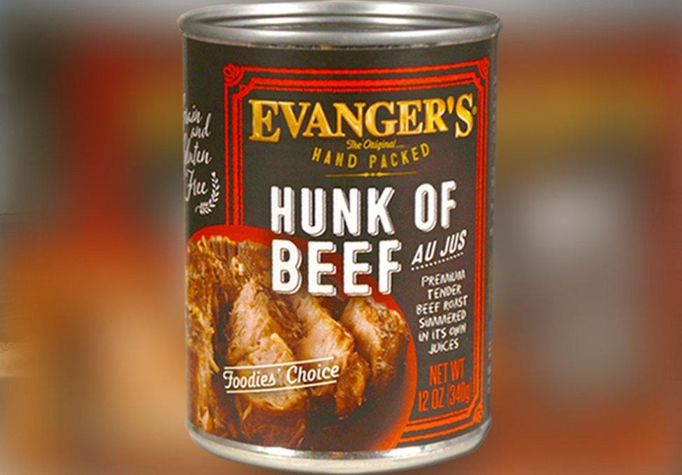 the Hunk of Beef dog food can