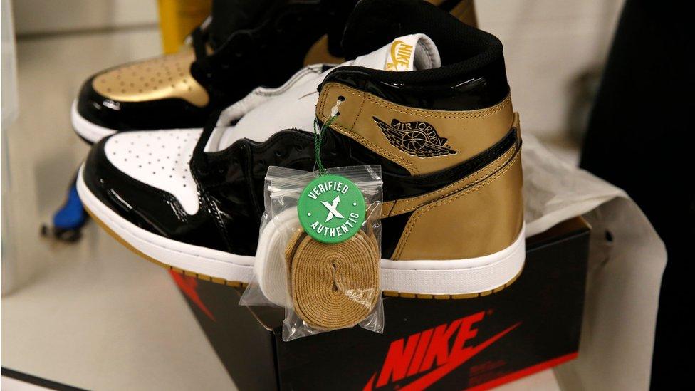 A pair of Air Jordan 1 Retro shoes are seen before being packed to ship out of Stock X on January 10, 2018 in Detroit, Michigan.