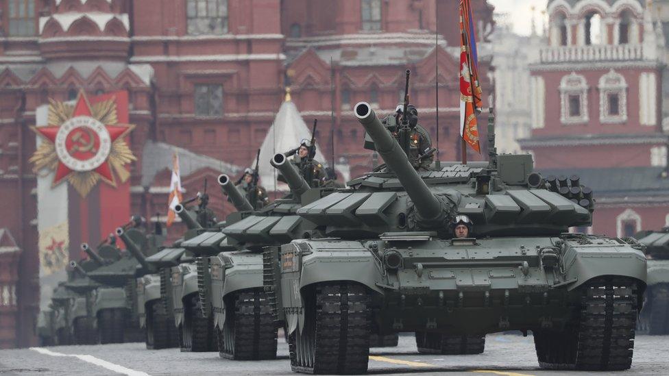 Russian T-72B3M battle tanks roll through the Red Square during the Victory Day military parade in Moscow, Russia, 09 May 2022