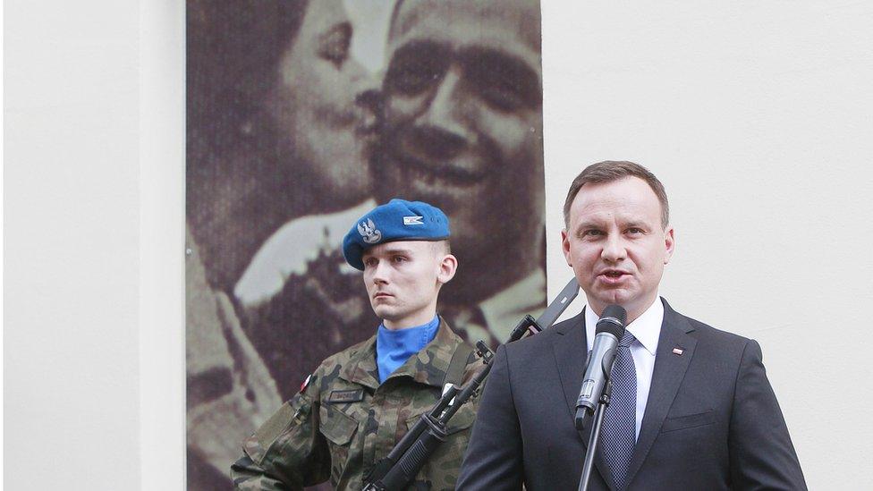 Poland's President Andrzej Duda speaks during commemorations marking the 70th anniversary of a massacre of Jews in Kielce