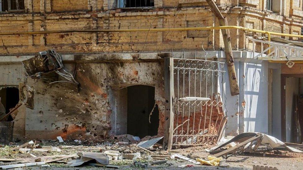 A shelled building in Kharkiv