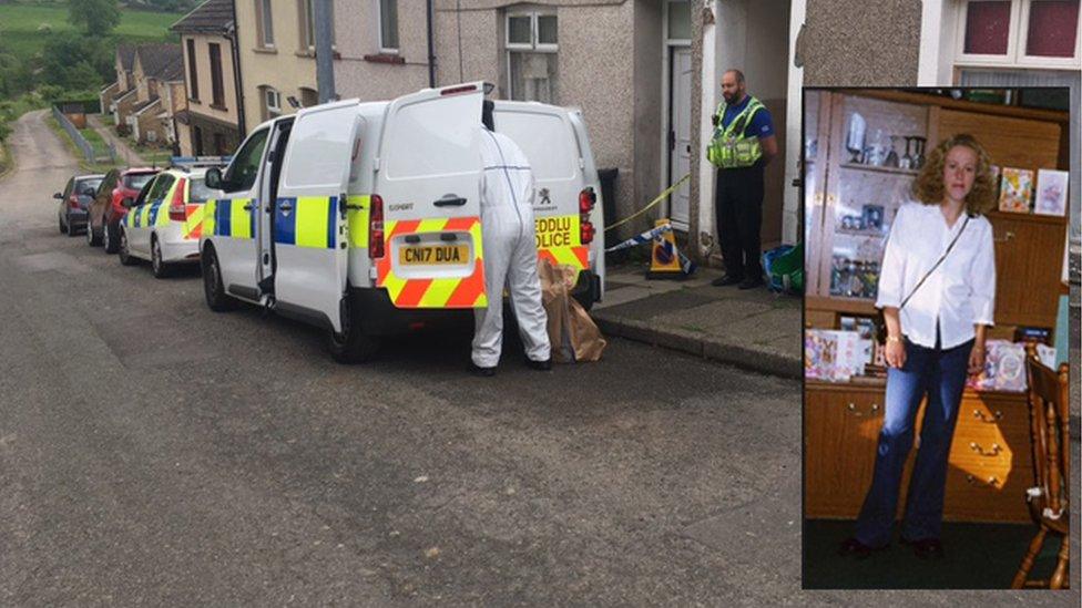 Forensic officers at the scene in Lewis Street with inset photo of Denise Rosser