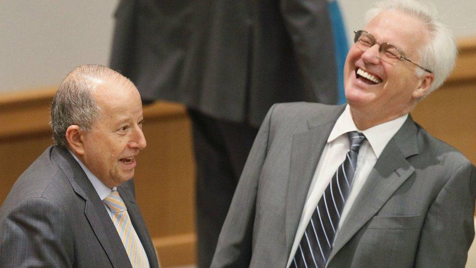 Claude Heller (left), Permanent Representative of Mexico to the UN, and Vitaly I. Churkin, Permanent Representative of the Russian Federation to the UN, share a laugh prior to a Security Council meeting on the situation in the Middle East and the question of Palestine.