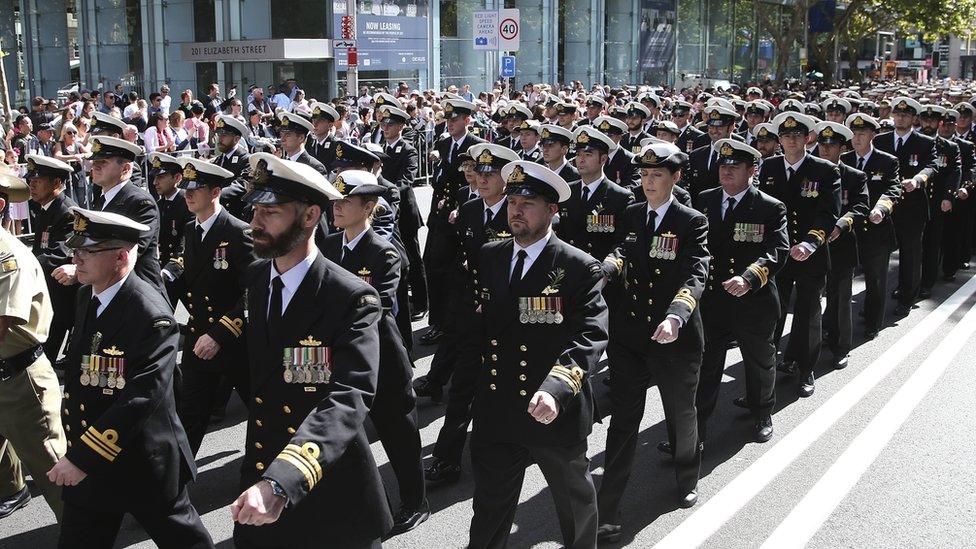 Members of the armed forces march in the annual Australia and New Zealand Army Corps (ANZAC) parade in Sydney, Australia, Monday, April 25, 2016.