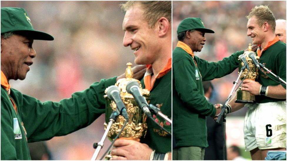 Nelson Mandela and Francois Pienaar shake hands