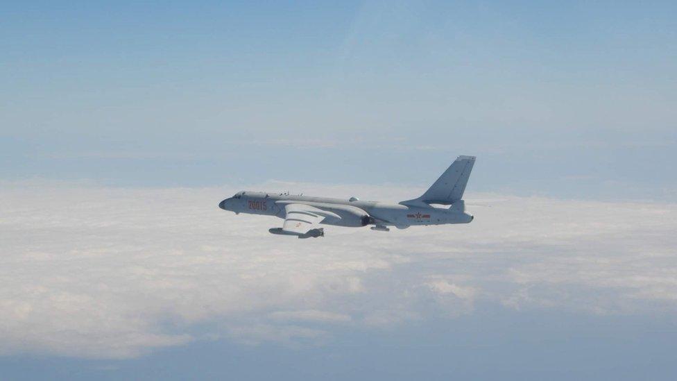 A Chinese jet bomber seen following the incursion of 52 planes into Taiwan's air defence identification zone - handout by Taiwan's defence ministry