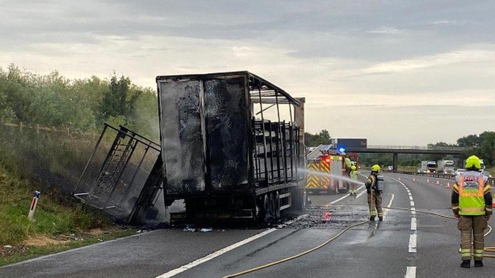 The lorry caught fire near Bicester in the early hours