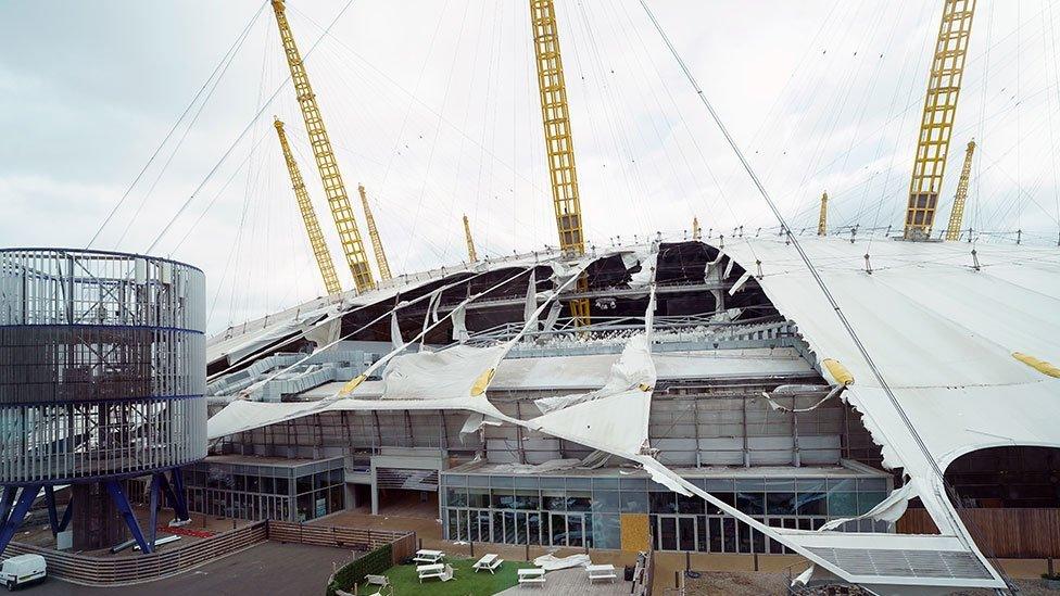 Damage to the roof of the O2 Arena in south-east London, caused by Storm Eunice on 18 February 2022