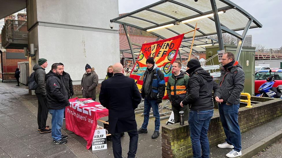 Union members on picket line at Southend station.