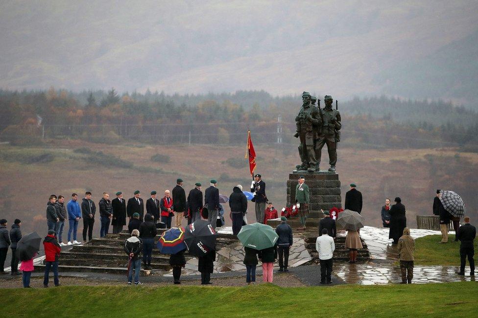 A small number of serving and former Royal Marine Commandos at the Commando Memorial at Spean Bridge, near Fort William, for the annual Remembrance Sunday ceremony