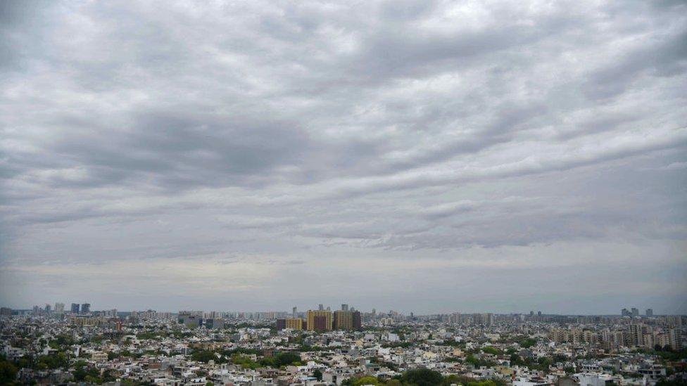 A view of clear blue and white skies, clean air in the city during the nationwide lockdown to curb spread of coronavirus (Covid-19) at sector-30 near Delhi-Gurugram expressway on April 20, 2020 in Gurugram, India.