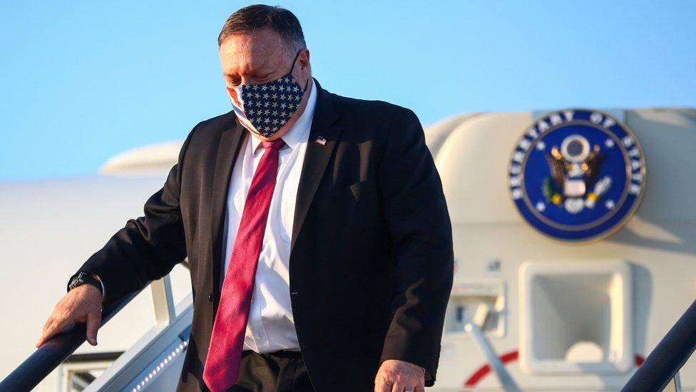 Mike Pompeo leaves his official aeroplane at Heathrow Airport on 20 July 2020