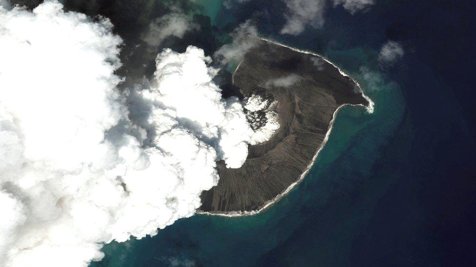 A satellite image shows the Hunga Tonga-Hunga Ha'apai volcano before its main eruption