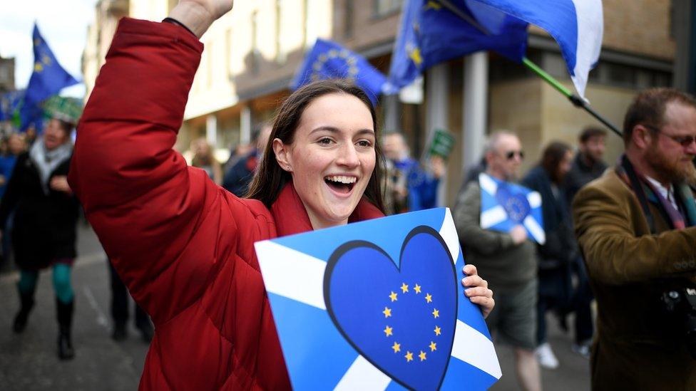 Protestors take part in a March for Europe march and rally on March 24, 2018 in Edinburgh, Scotland