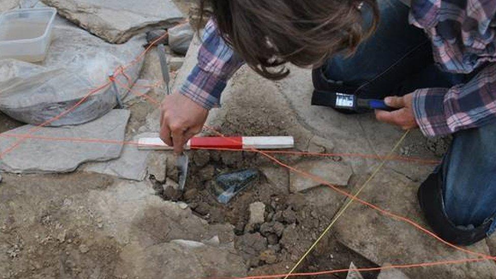 Axe being uncovered by archaeologist Therese McCormick