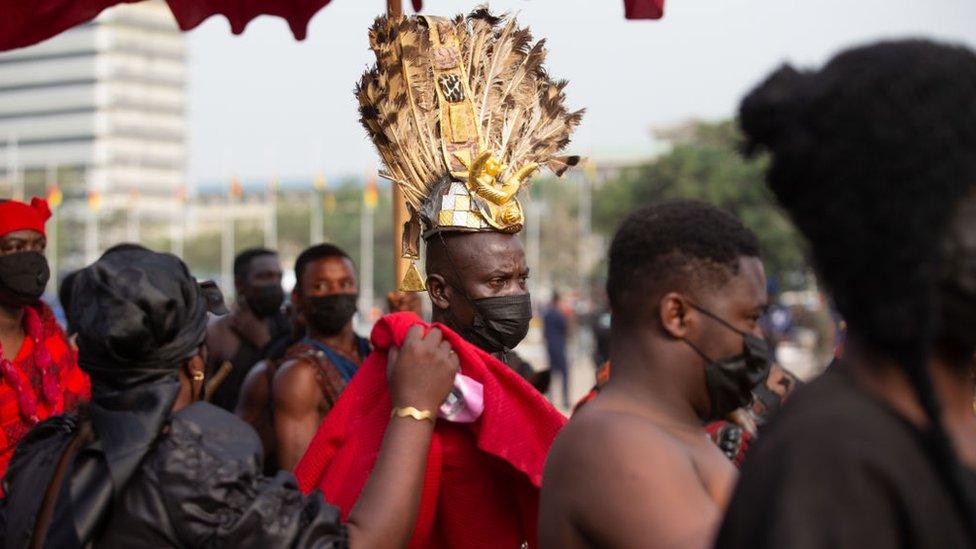 Traditional leaders arrive at the final funeral rites of the former Ghana President Jerry John Rawlings in Accra, Ghana, on January 27, 2021. - Former Ghana President Jerry John Rawlings died in November 2020 at the age of 73 and his funeral was initially scheduled for December 23, 2020 but was postponed, due to what the foreign ministry called "unforeseen circumstances".